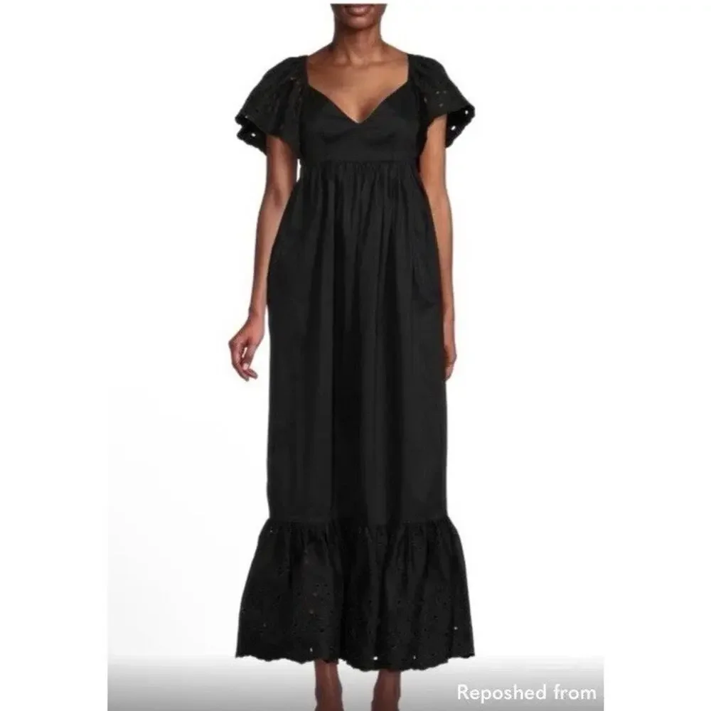 En Saison Barnette Black Midi Dress Eyelet Sleeves Size XS Pockets NWT